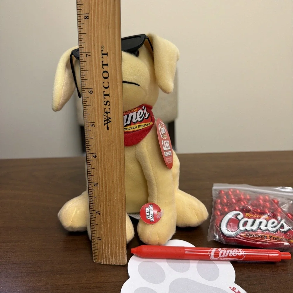 Raising Cane's Plush Dog Cane Mascot + Swag Lot Beads Pen Notepad Promo Set